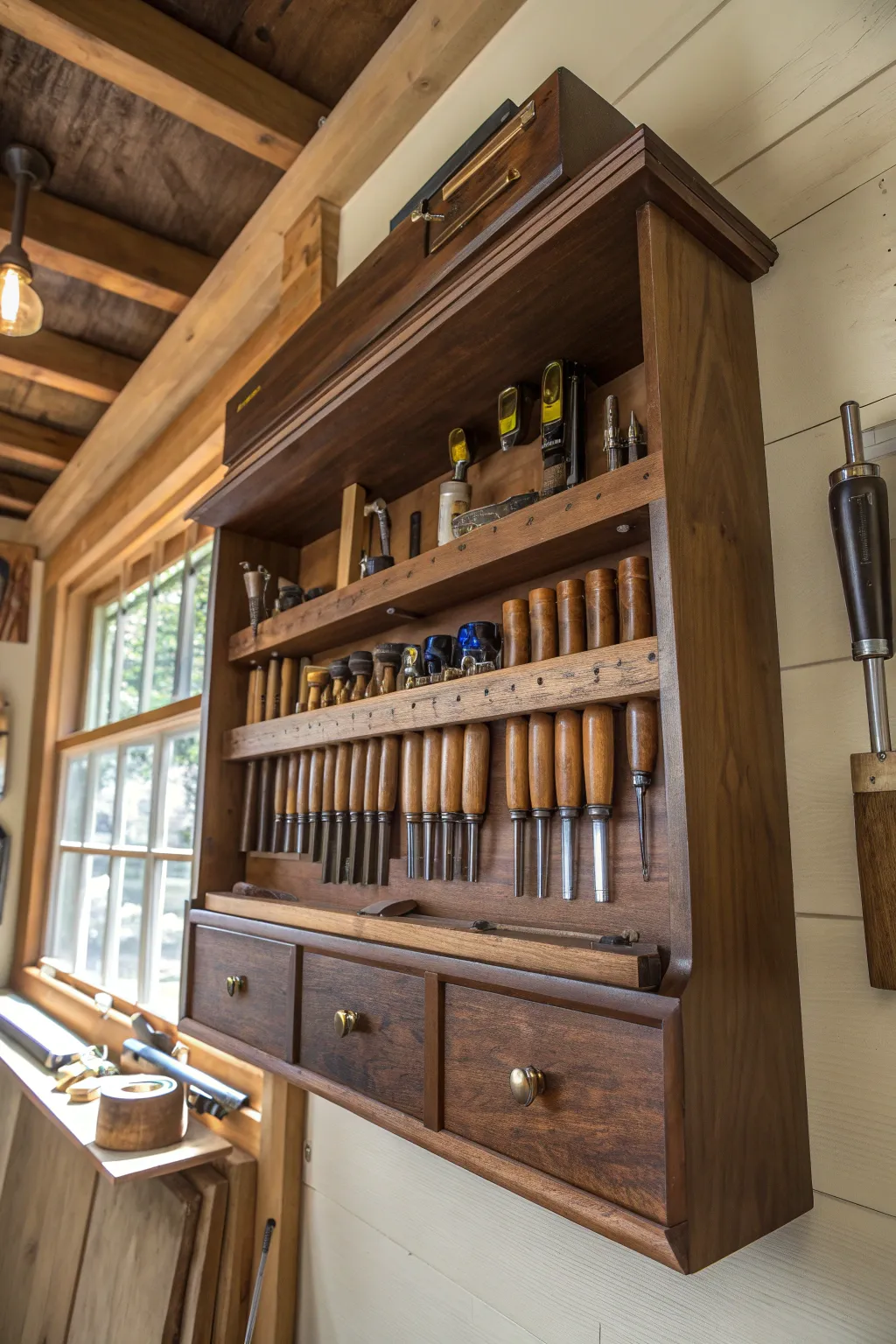 Elevate your workspace with ceiling-mounted tool storage: where craftsmanship meets practicality.