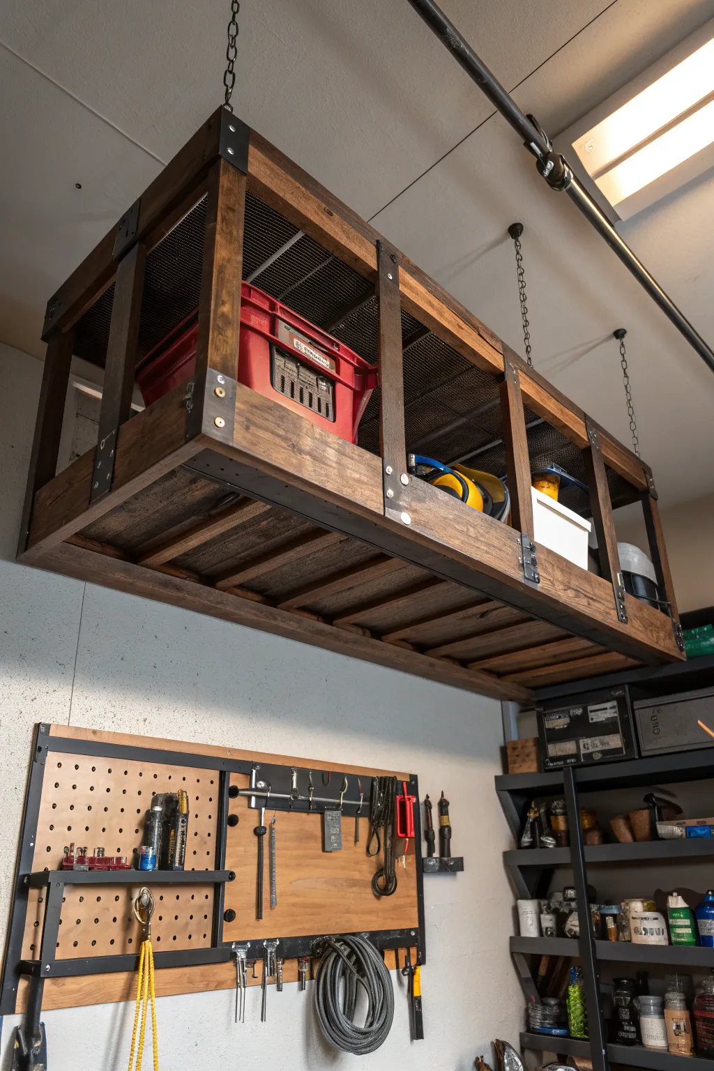 Elevate your workshop game with stylish overhead storage solutions that blend form and function.