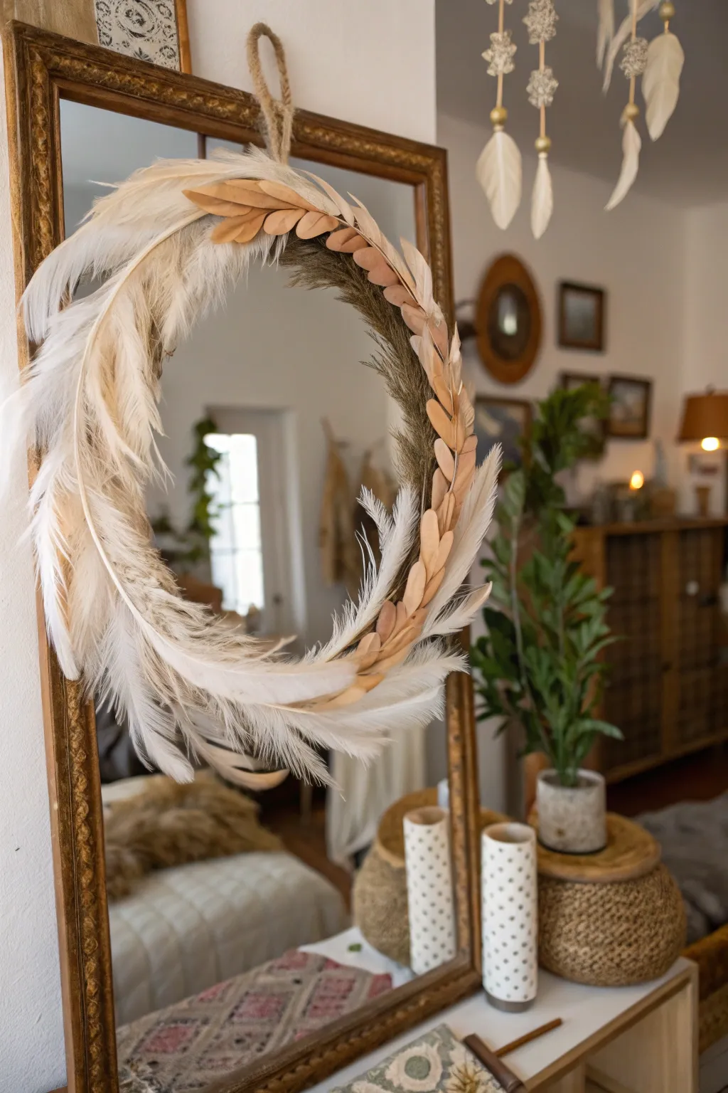 Feathers add boho chic style to a mirror wreath.