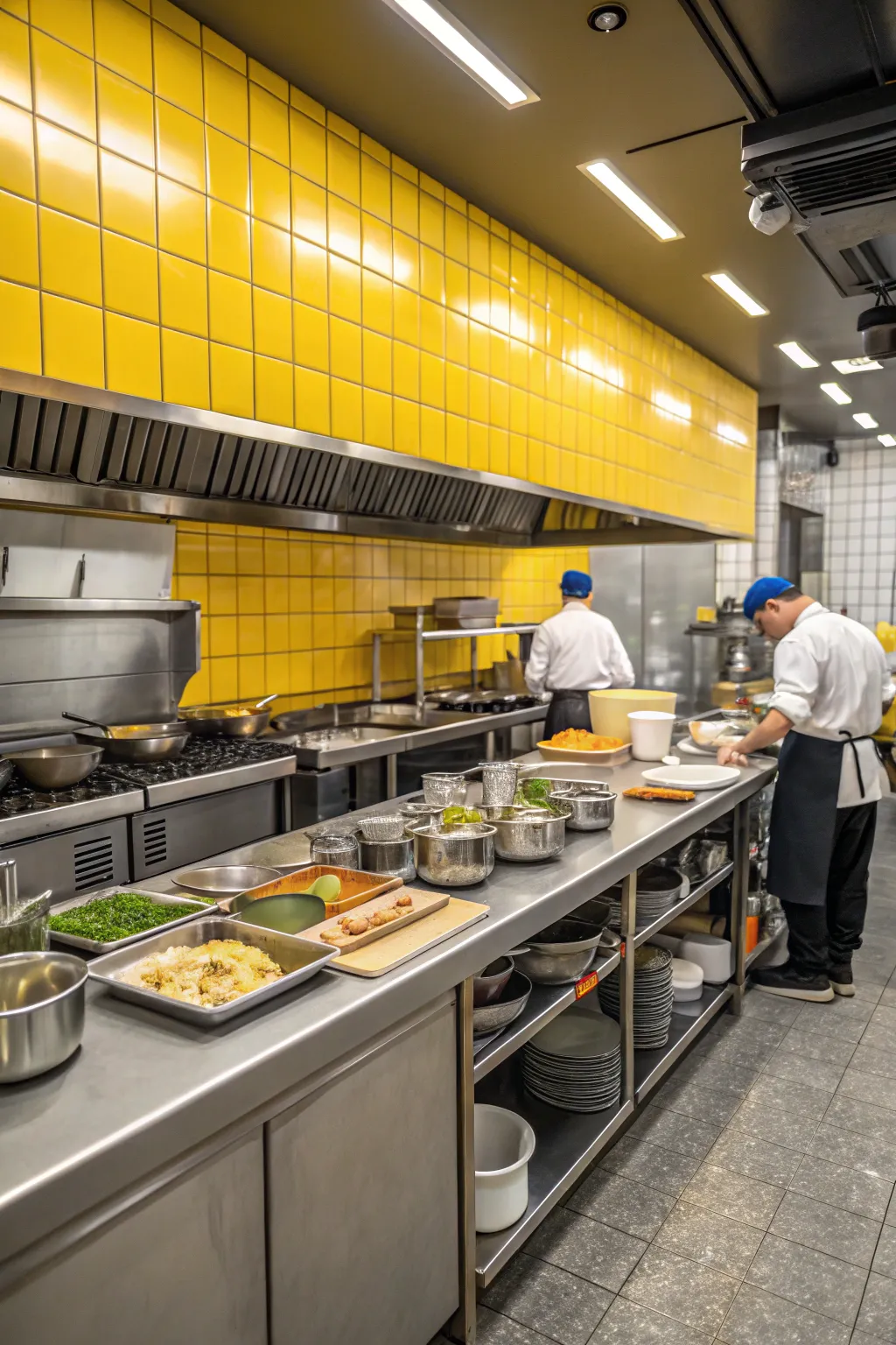 Gray countertops complement the vibrant yellow tiles in this industrial kitchen.