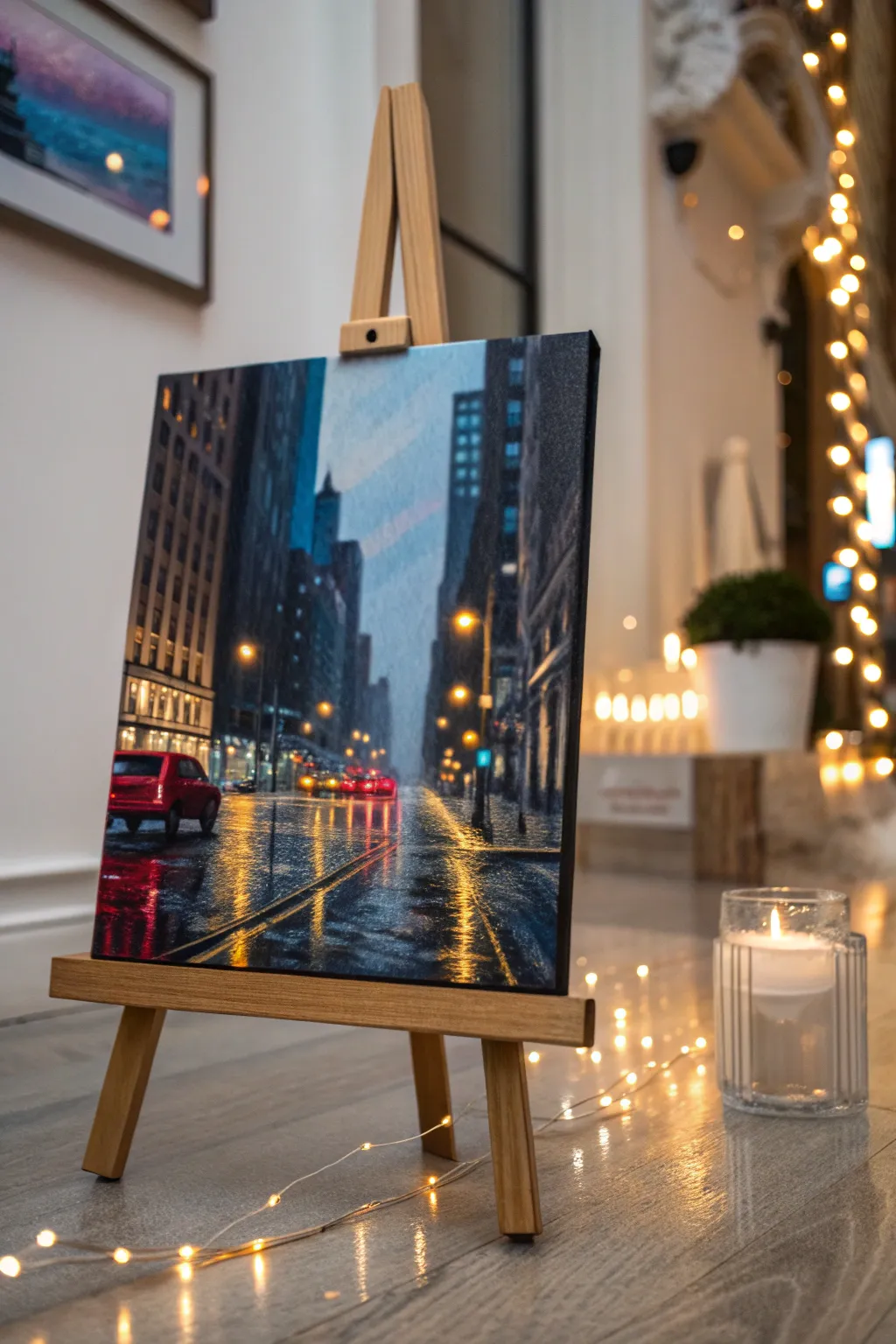 Capture the serene beauty of a rainy city night with this elegant canvas masterpiece. #CityscapeArt #MinimalistBoho