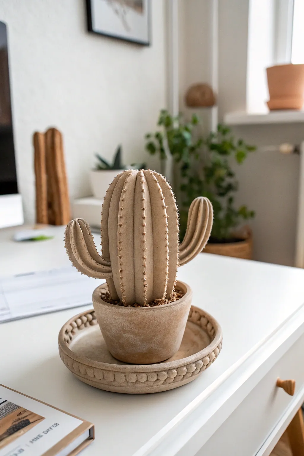 Add a touch of whimsy to your workspace with a handcrafted cactus clay plant holder.