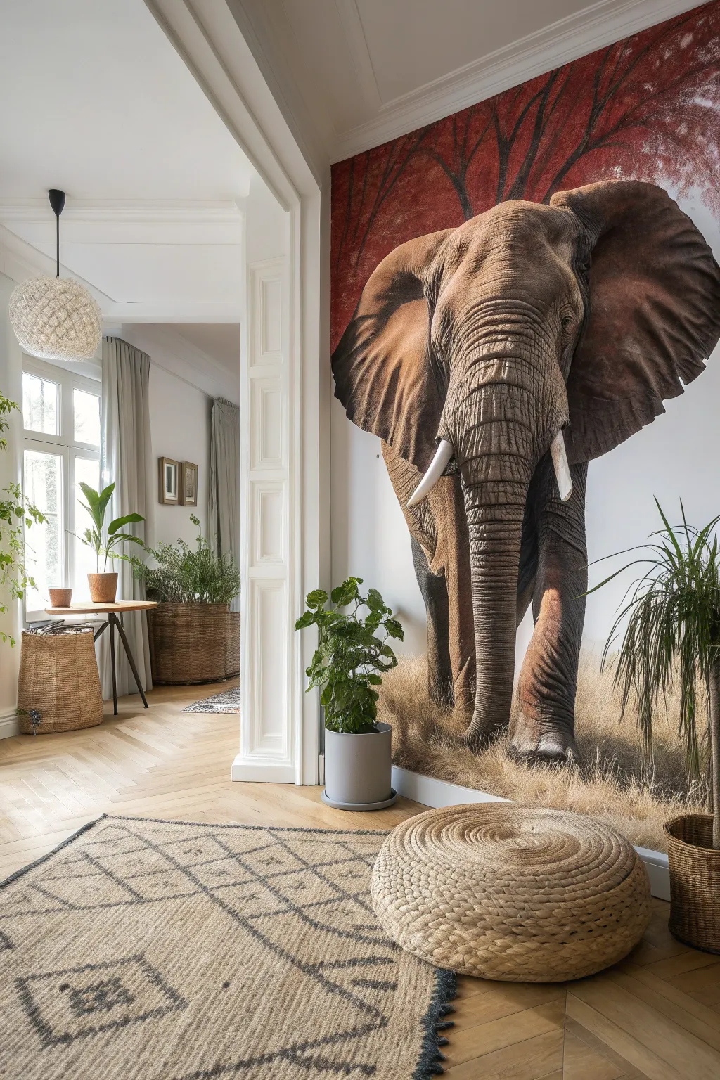 Step into a world where art comes alive—this 3D elephant mural adds a bold touch of nature to minimalist elegance.