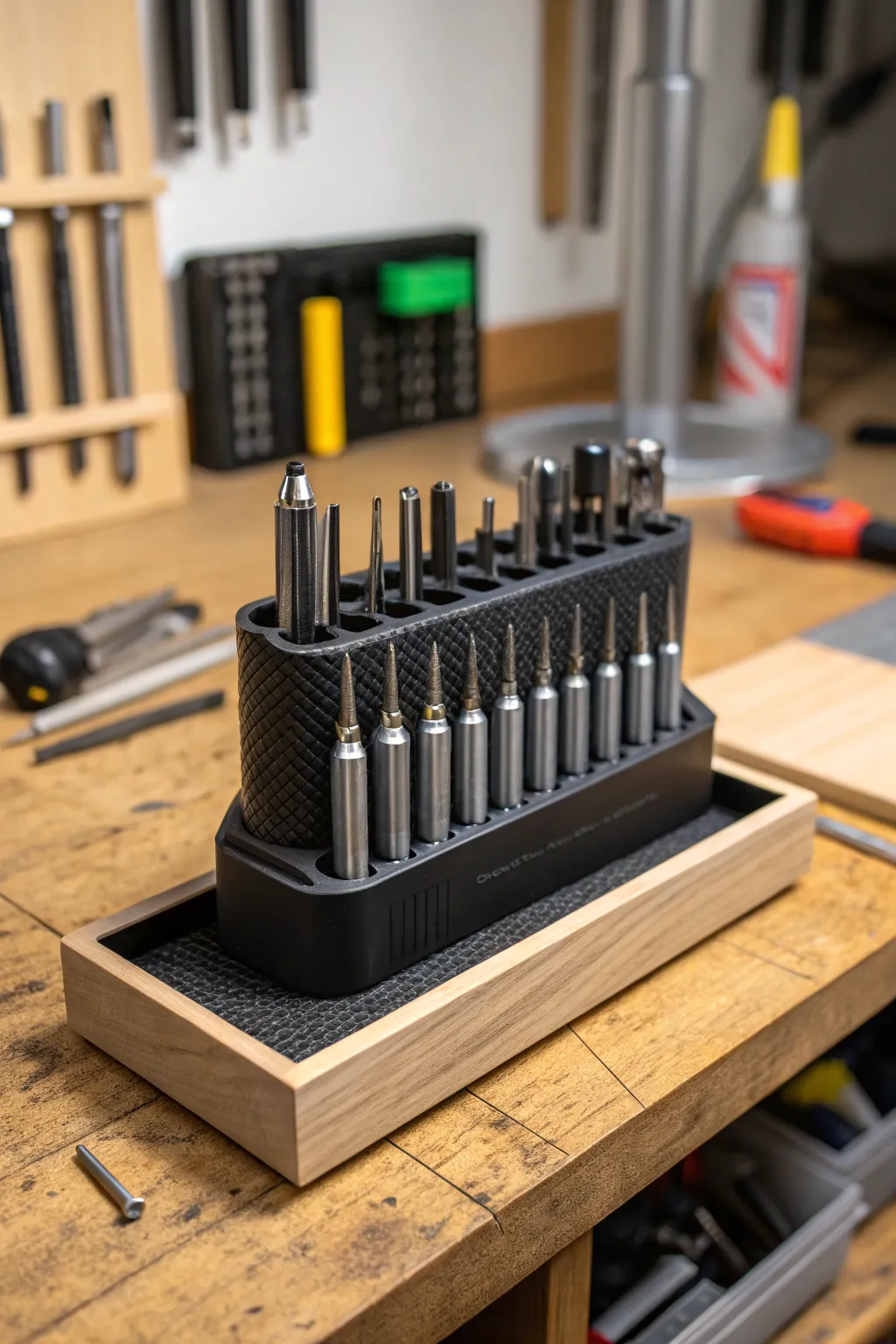 Elevate your workspace with a custom 3D-printed tool holder that combines functionality with craftsmanship.