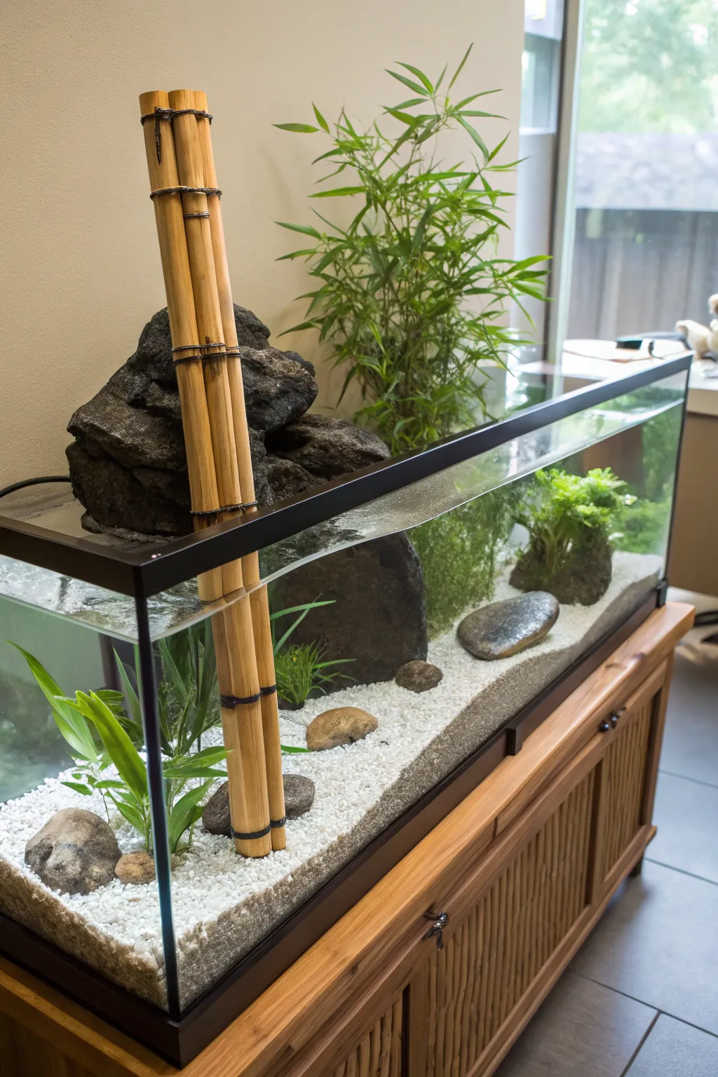Transform your space with a Zen-inspired aquarium centerpiece that embodies tranquility and elegance.