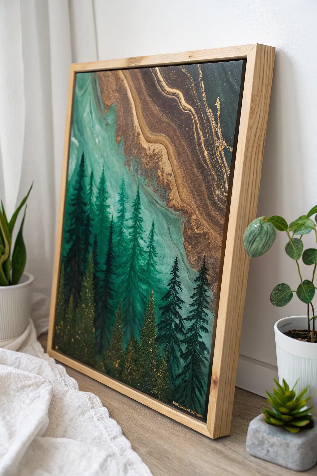 Dive into the enchanting depths of a mystical forest with this captivating acrylic pour masterpiece.
