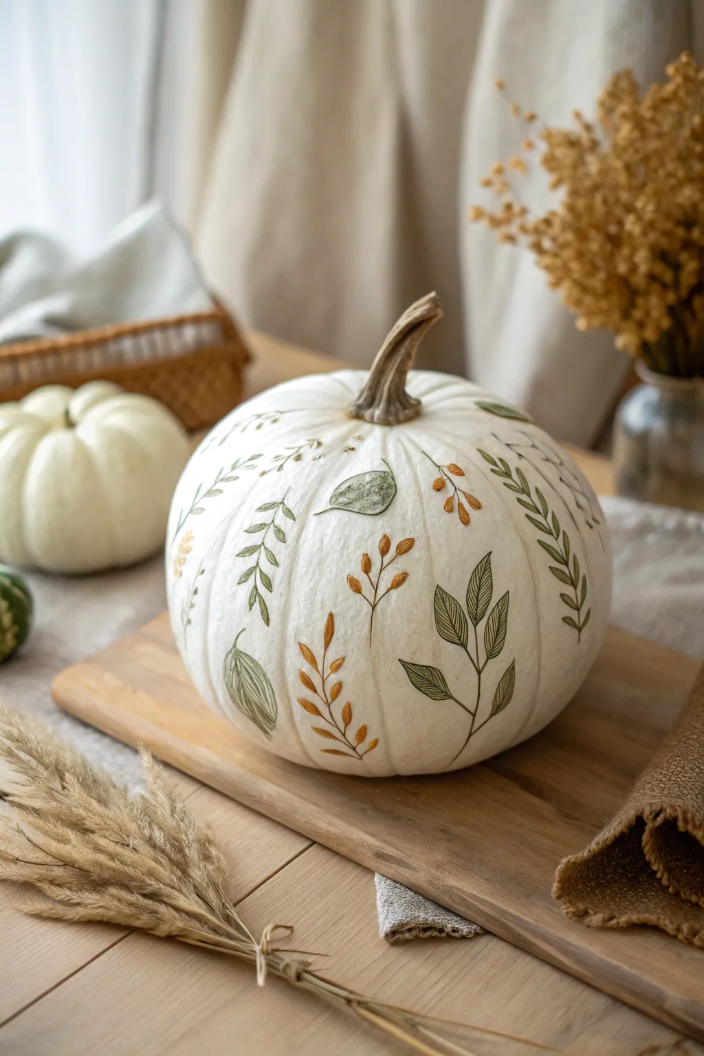 Celebrate autumn with artistry: A minimalist pumpkin adorned with nature-inspired elegance.