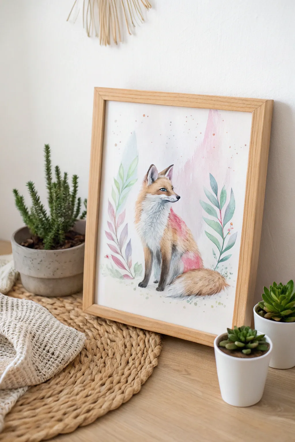 Delight in the charm of whimsical watercolor art with this playful fox painting, perfect for adding a touch of joy to any space.