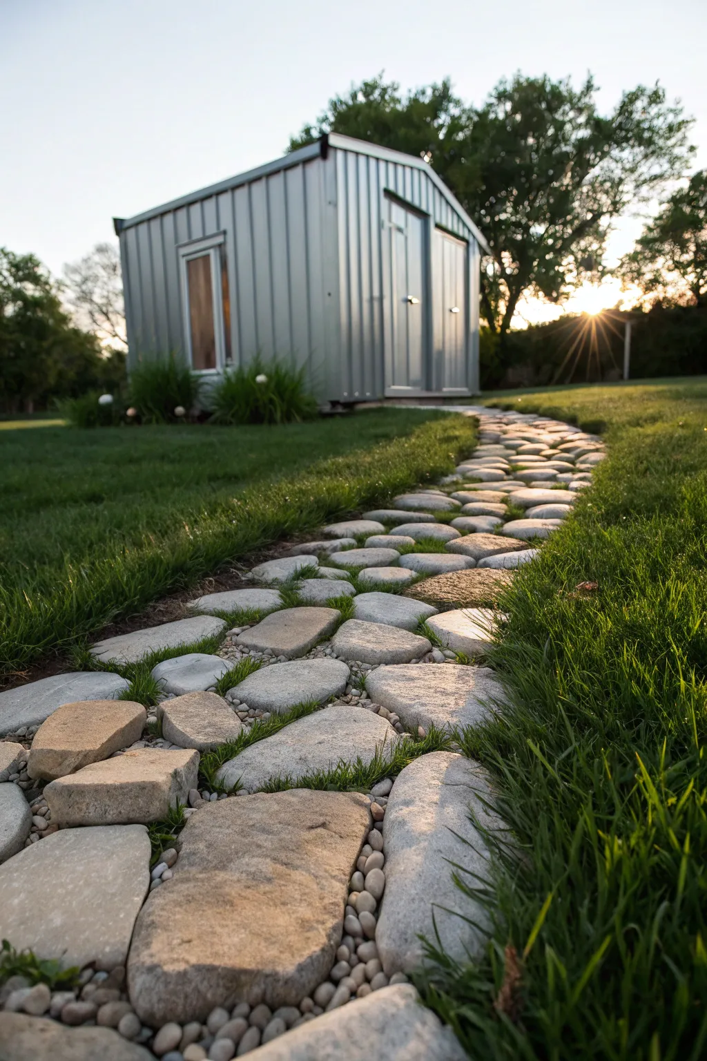 Craft your garden's charm with a stunning stone pathway leading to your modern shed.