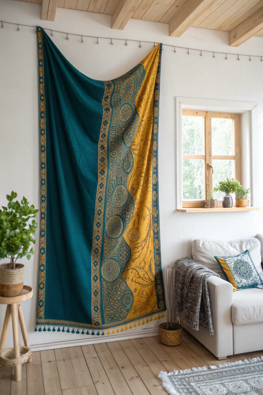 Transform your space with a bold fabric accent wall that combines Scandinavian minimalism with boho charm.