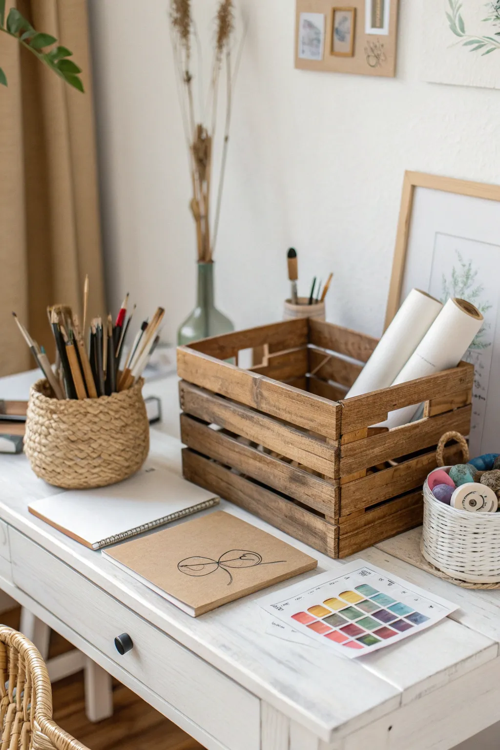 Elevate your art space with vintage charm and minimalist elegance. 🎨✨ #CreativeStorage #ArtDeskInspo
