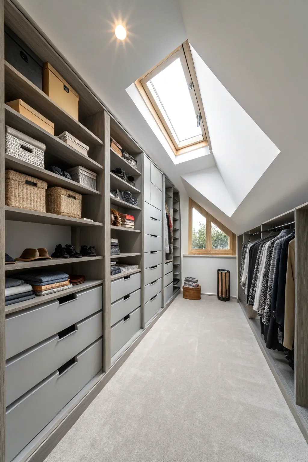 An organized attic with clever built-in storage solutions.