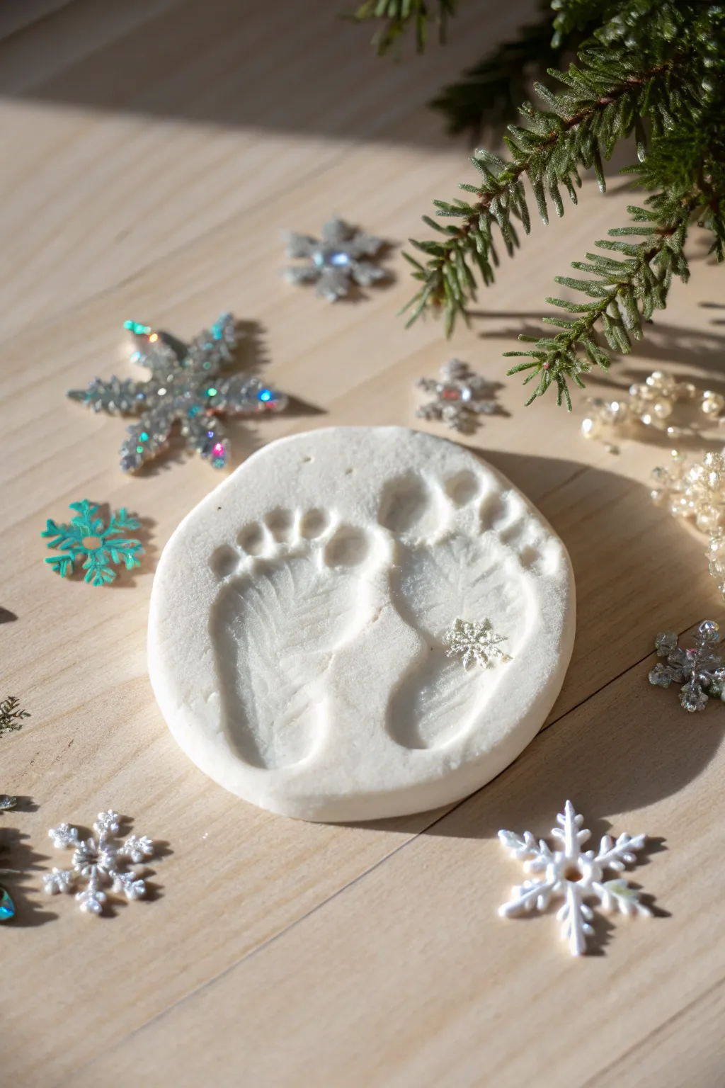 Capture the magic of baby's first winter with a footprint in a snowy wonderland.