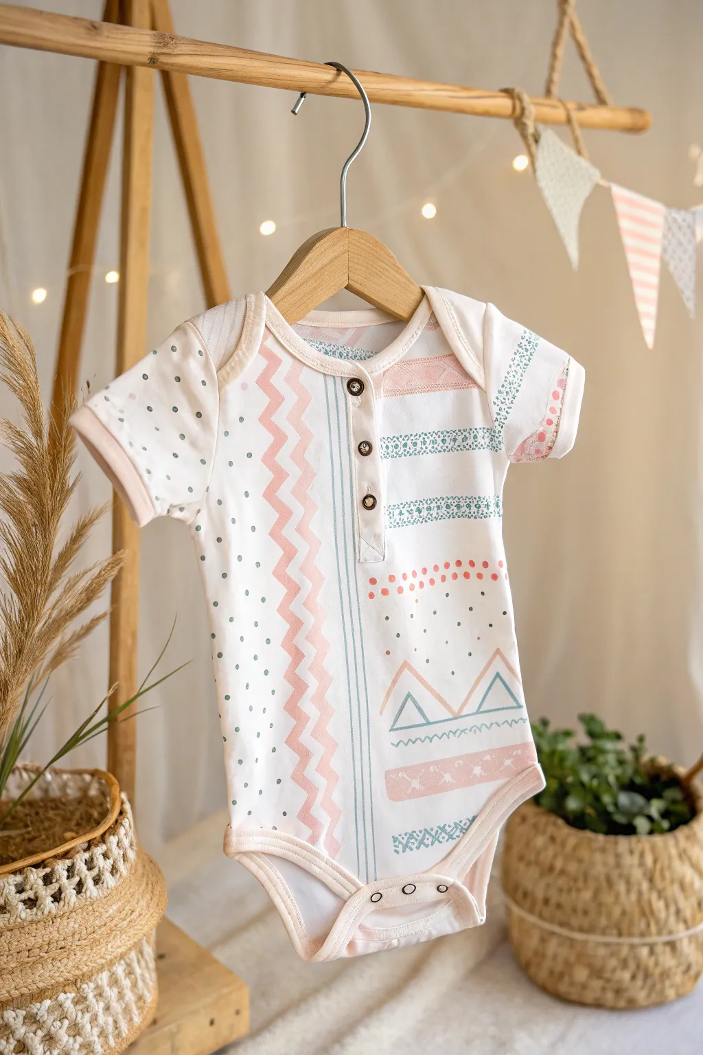 Crafting joy in every stroke: Discover the art of patterned onesies for an unforgettable baby shower gift.