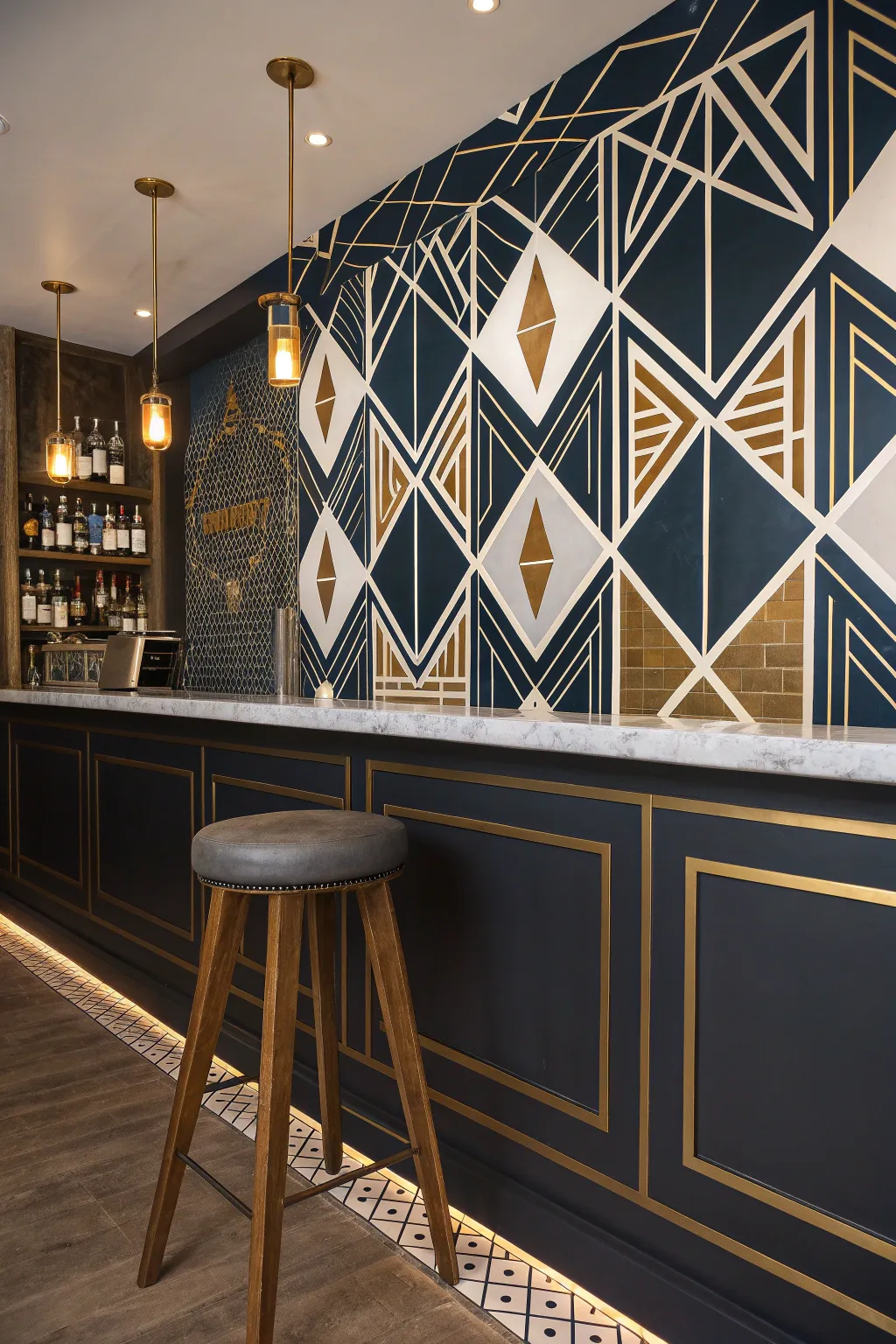 Transform your space with a bold geometric mural—where craftsmanship meets conversation.