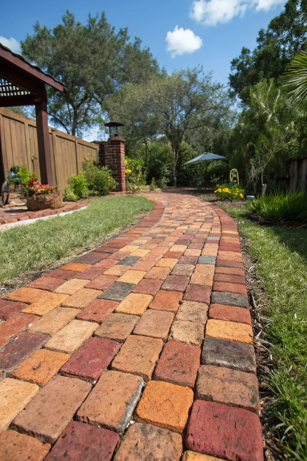 Step into vintage charm with eco-friendly reclaimed brick pavers for your backyard paradise.