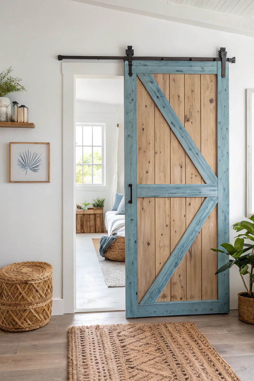 Add a playful flair to your space with a whimsical blue-tinted barn door!