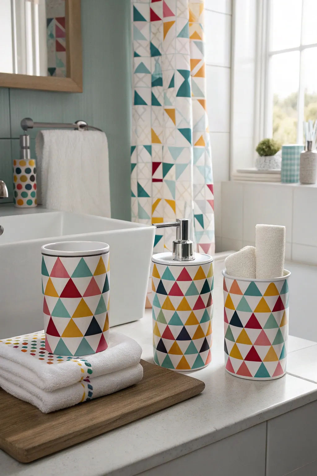Geometric patterns adding modern flair to bathroom decor.