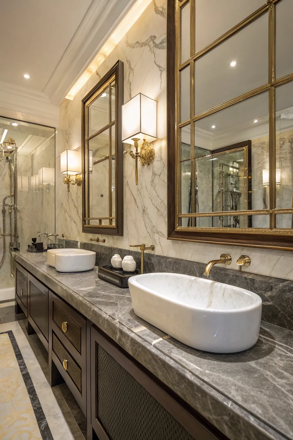 Elegant design with wall-mounted faucets.