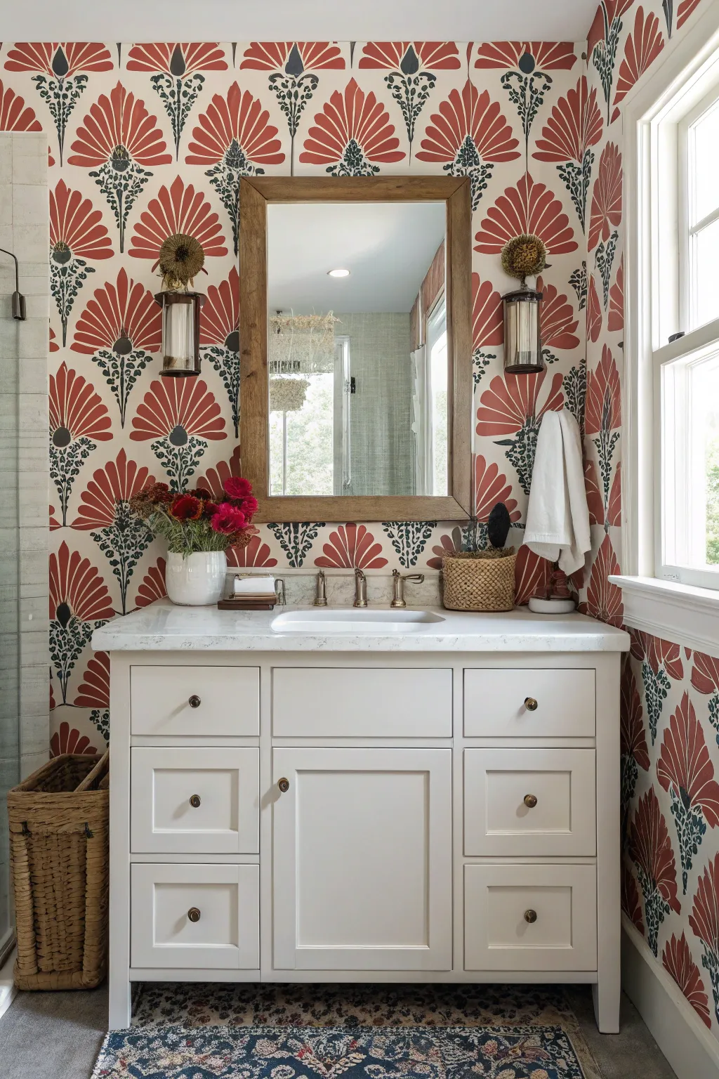 A bathroom with bold patterned wallpaper creating a statement wall.