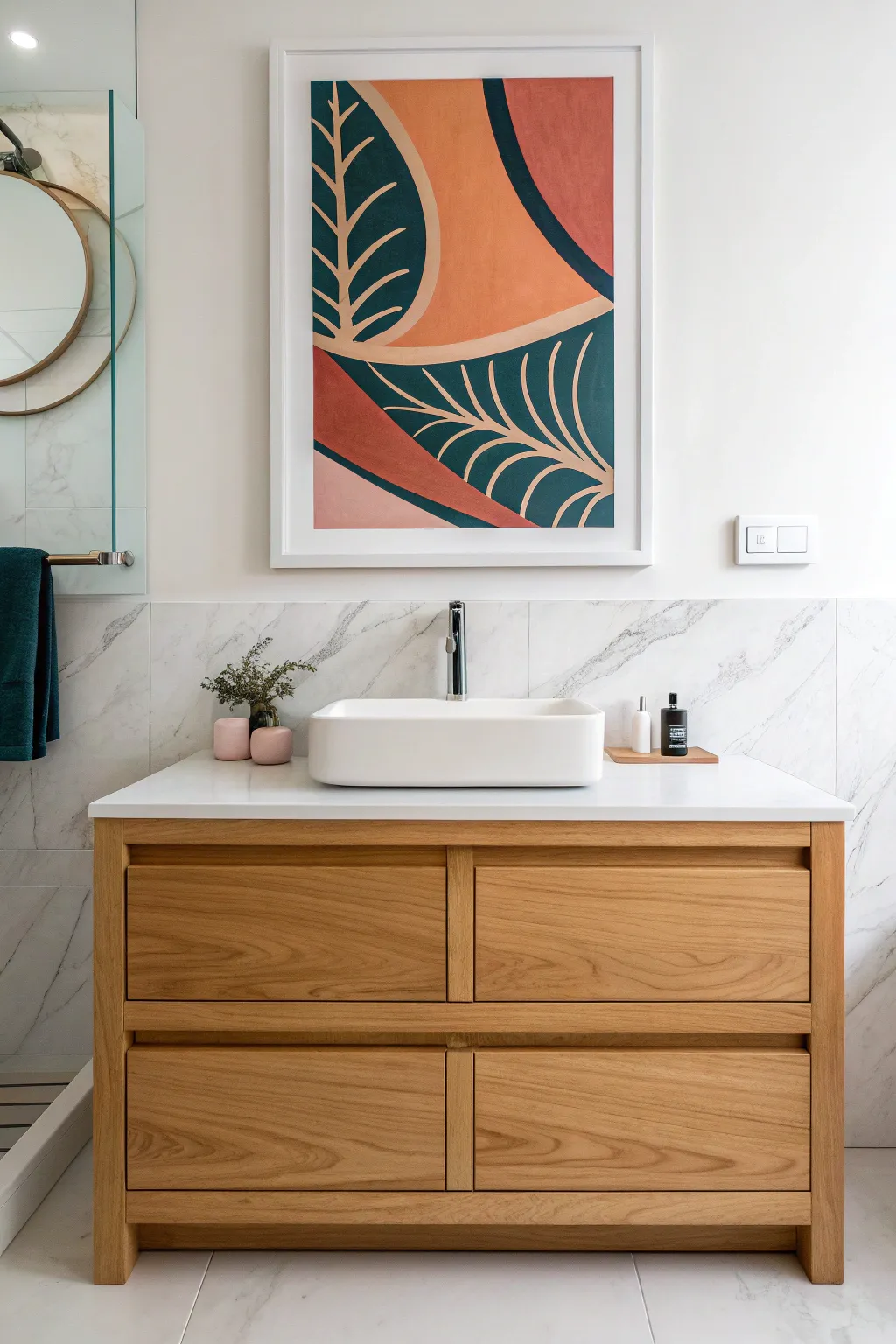 Elevate your bathroom space with a splash of color and personality through abstract art. #ArtisticFlair #BathroomMakeover