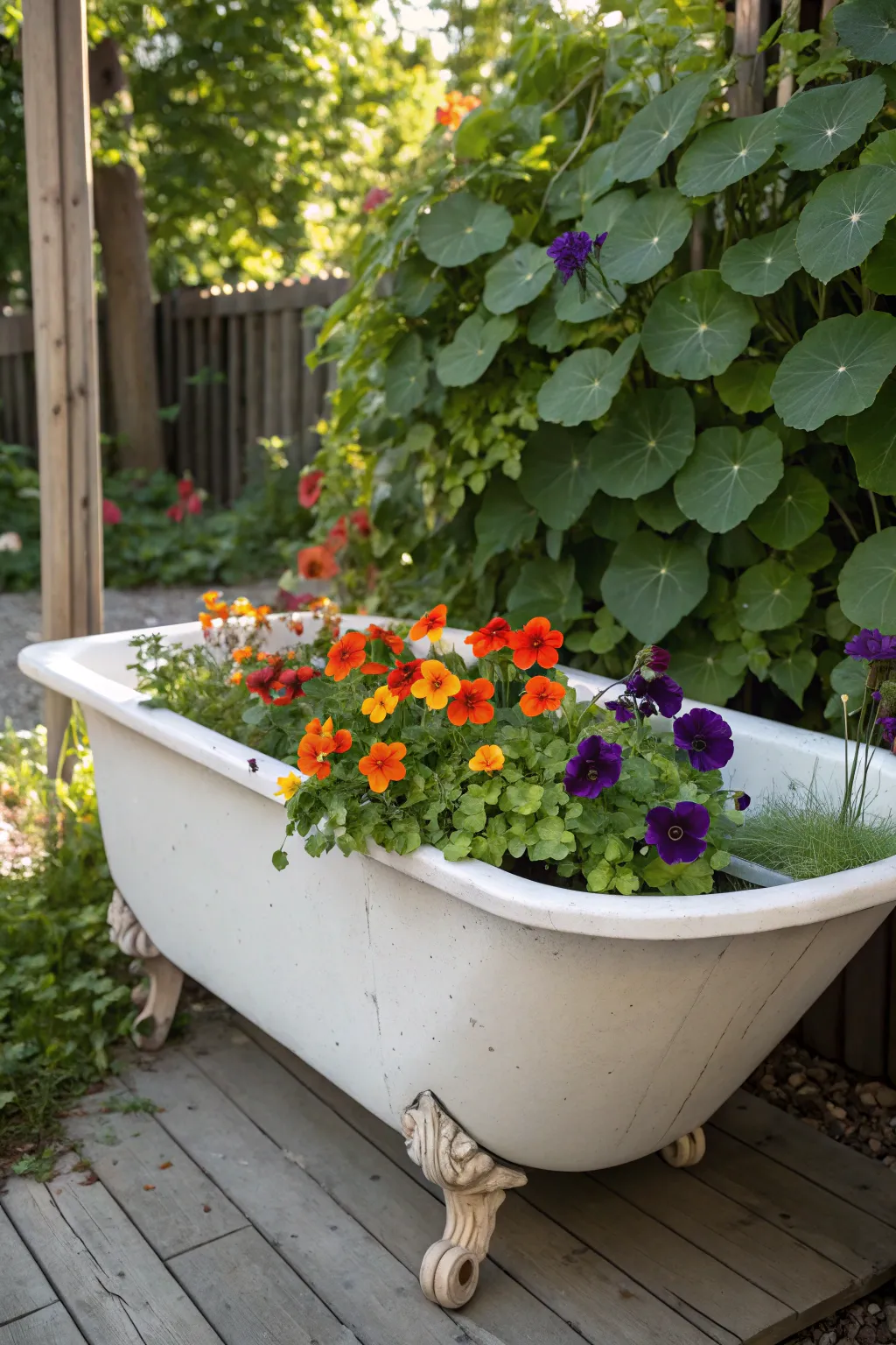 Transform your garden with a stunning bathtub planter filled with edible blooms. Perfect for those who appreciate beauty and sustainability.