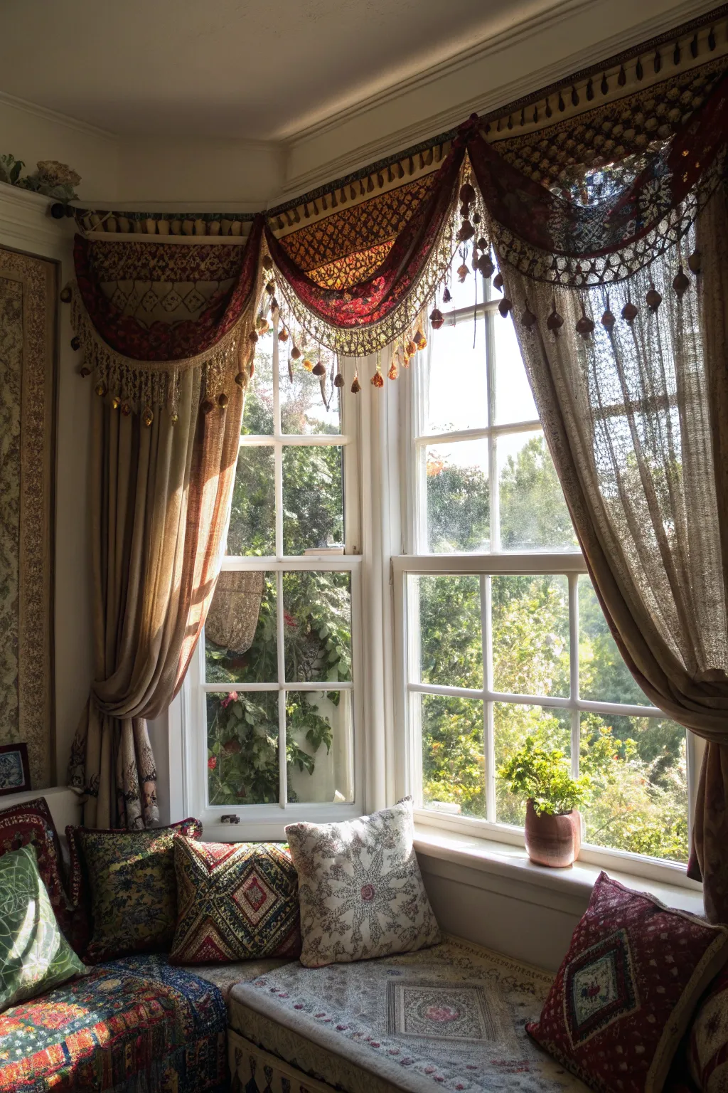 Eclectic layered valances in a bohemian living space.