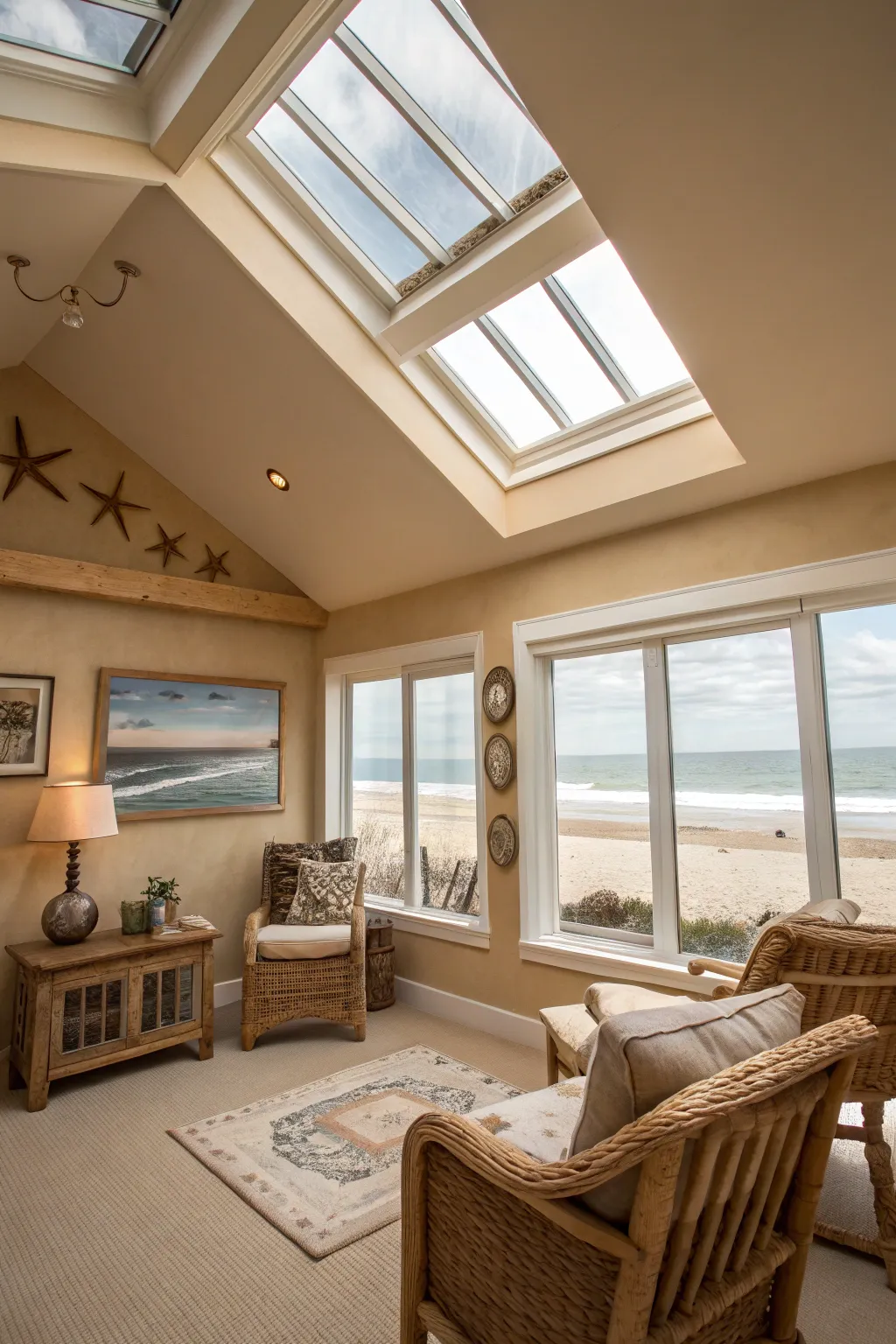 Skylights enhance natural light and openness.