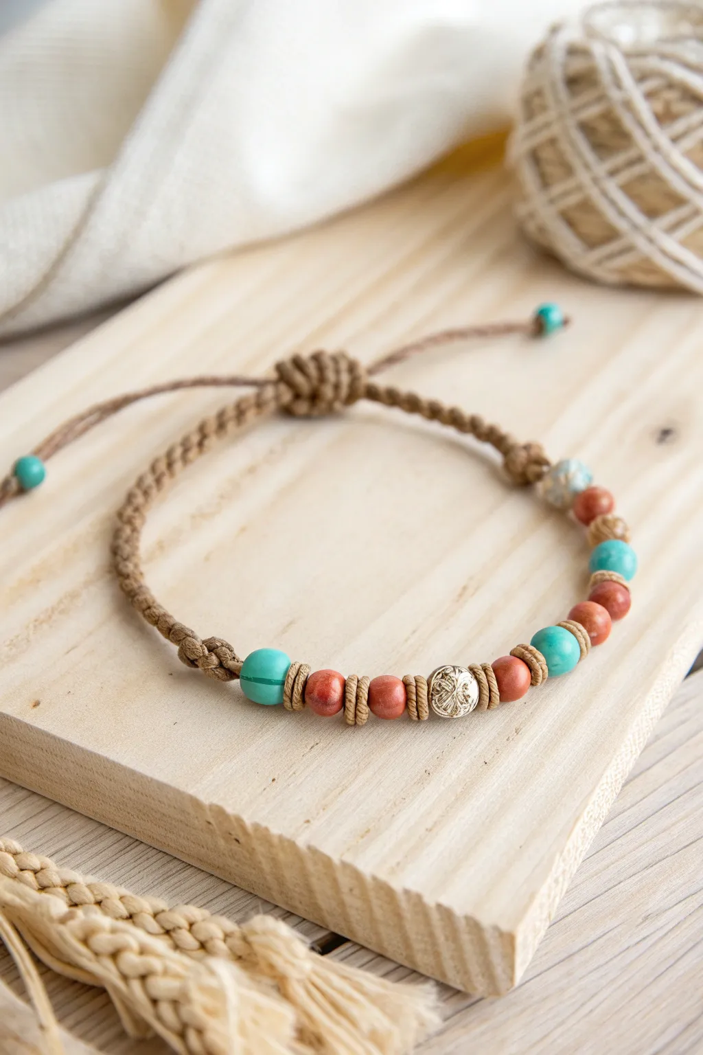 Embrace bohemian elegance with this beautifully crafted beaded bracelet featuring a rustic rope clasp.