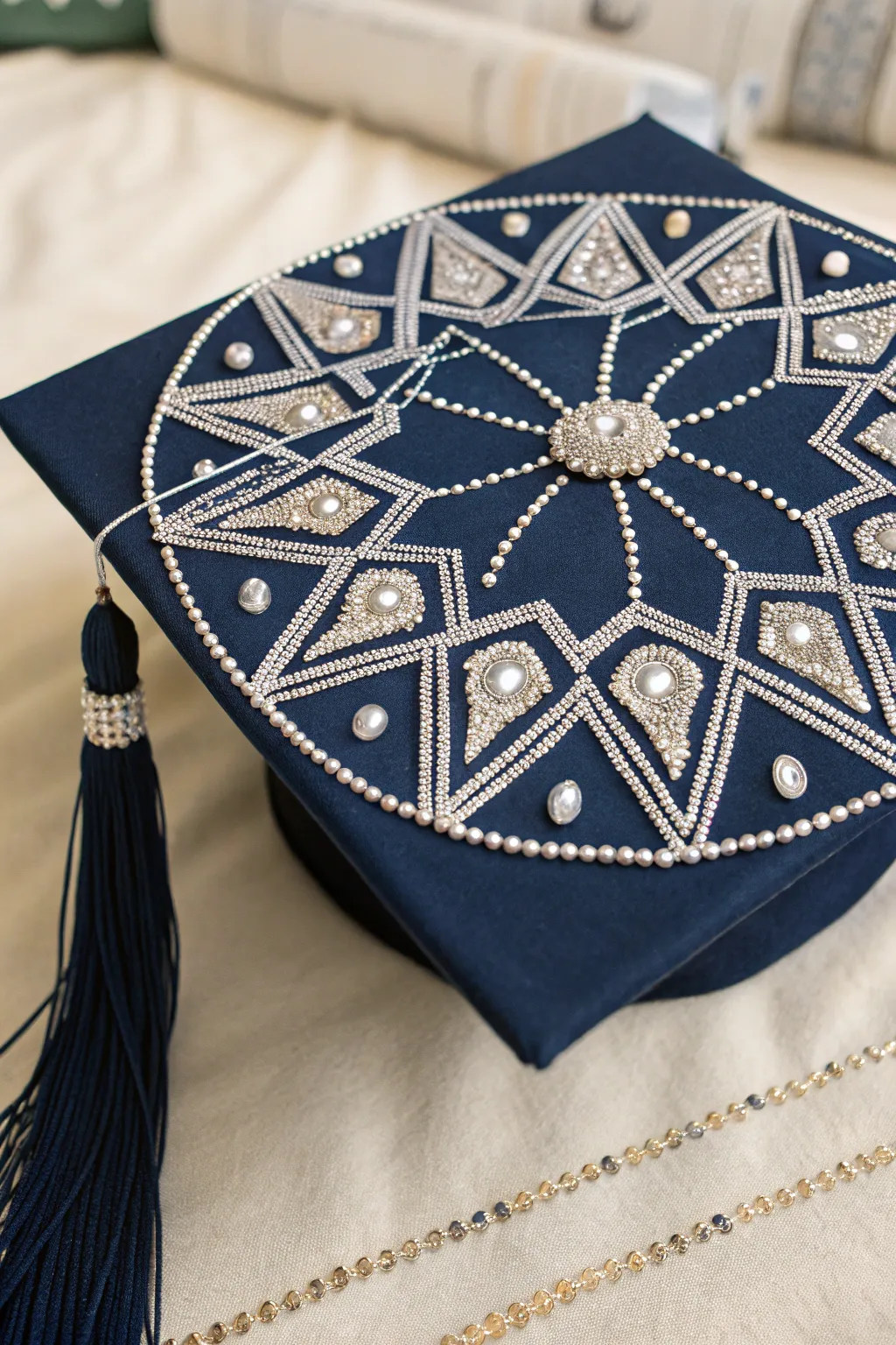 Shine bright at your graduation with a cap that combines modern geometric elegance with Scandinavian charm.