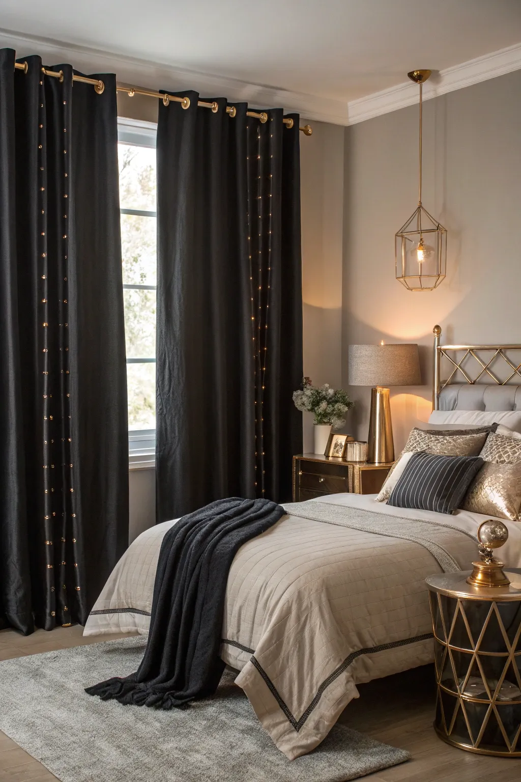 Metallic touches complementing black curtains in a chic bedroom.