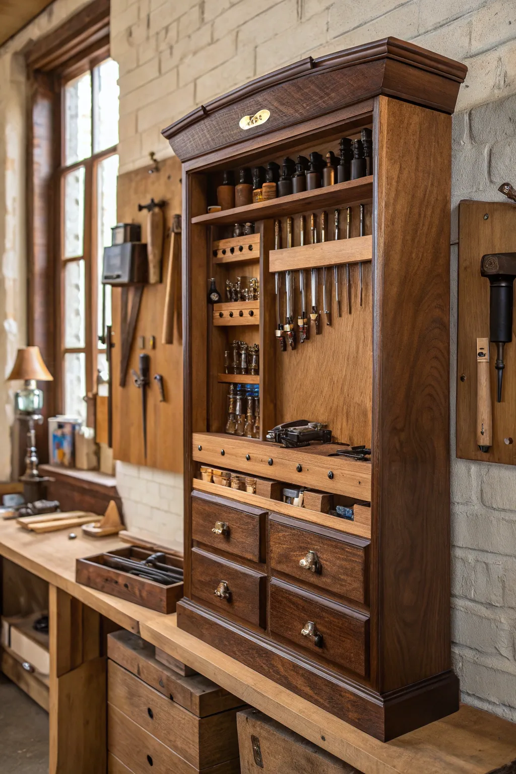 Elevate your workspace with a handcrafted tool storage wall cabinet — where organization meets artistry.