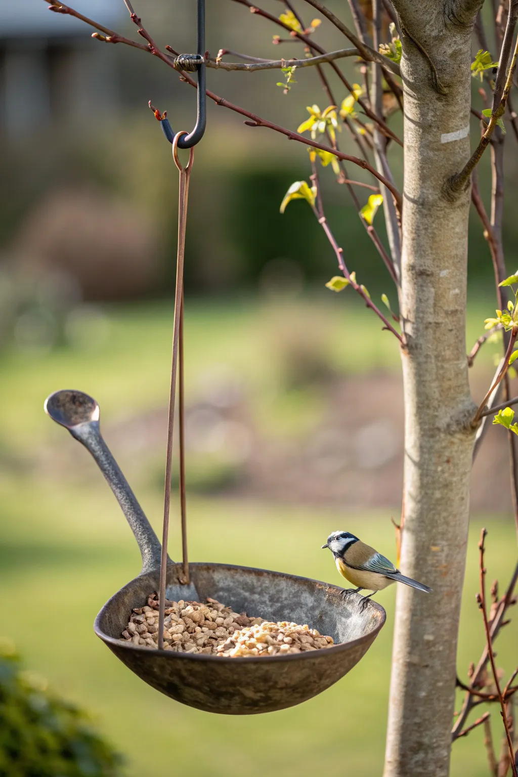Transform simplicity into charm with a soup ladle bird feeder!