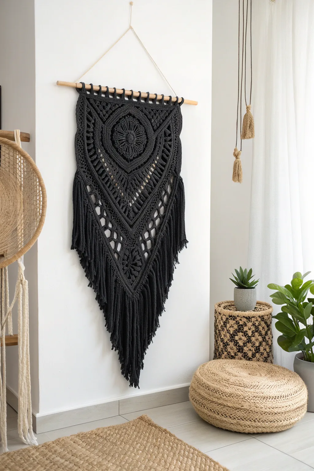 Elevate your space with the dramatic allure of a black crochet wall hanging—where craftsmanship meets minimalistic beauty.