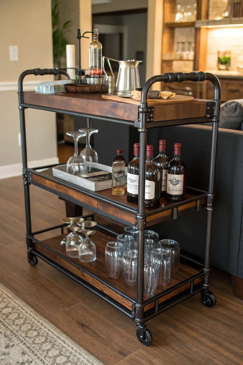 Roll into style with this industrial pipe bar cart—where craftsmanship meets entertainment.