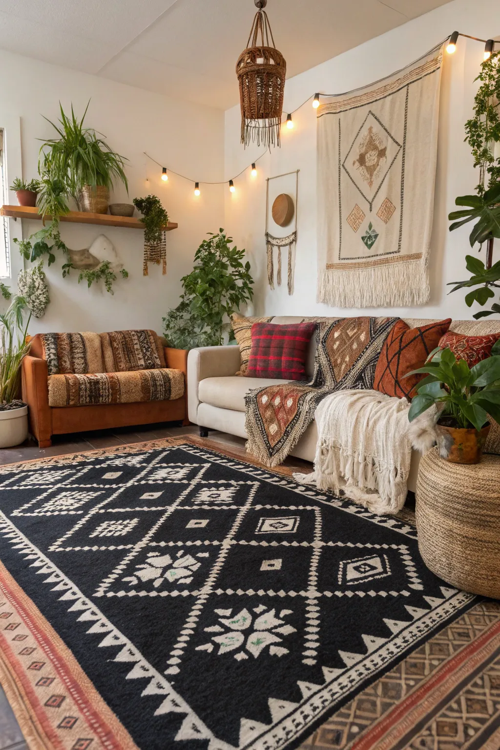 A black rug with bohemian patterns adds a cozy and eclectic touch to the space.