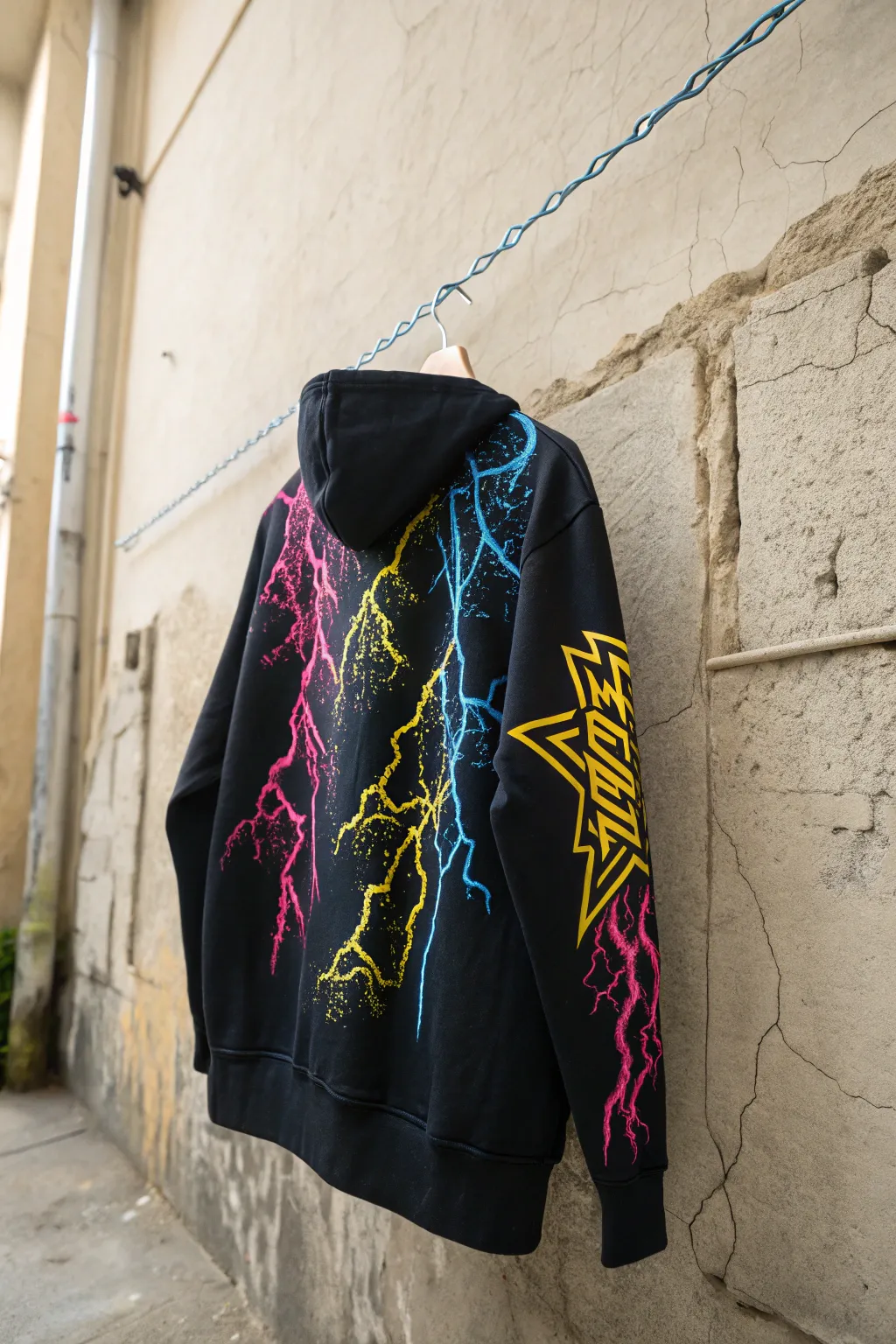 Unleash your urban edge with this graffiti-inspired bleach hoodie. Make a statement with bold artistry and minimalist charm.