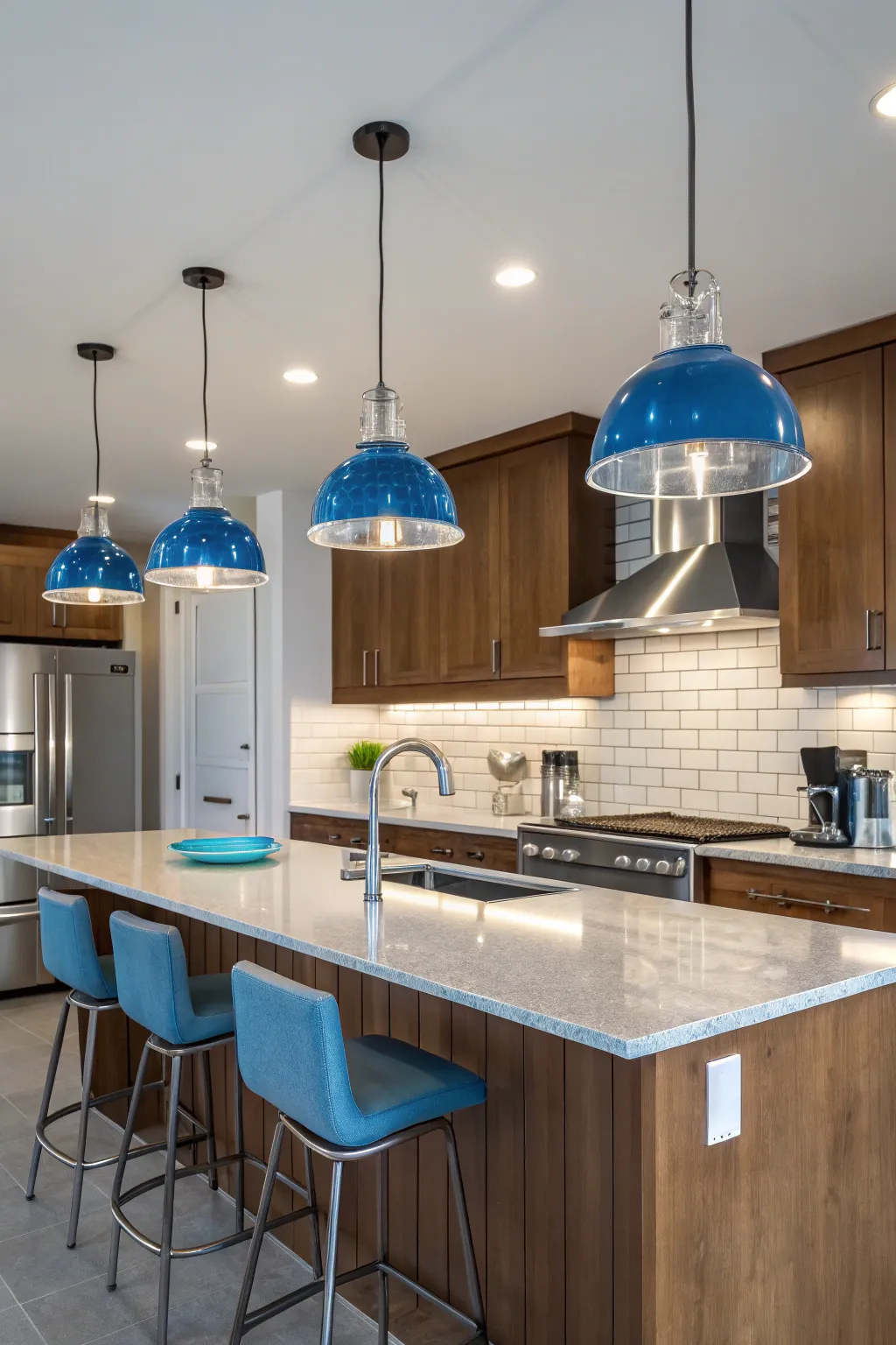 Blue pendant lights adding color and interest to the kitchen.