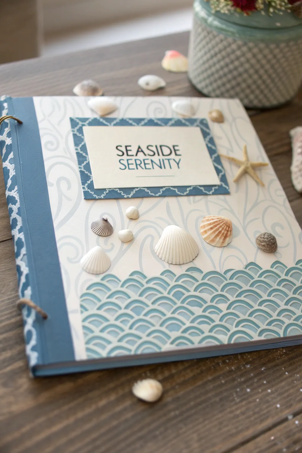 Dive into Seaside Serenity: A scrapbook page that captures the tranquil beauty of the ocean with a minimalist and bohemian touch.