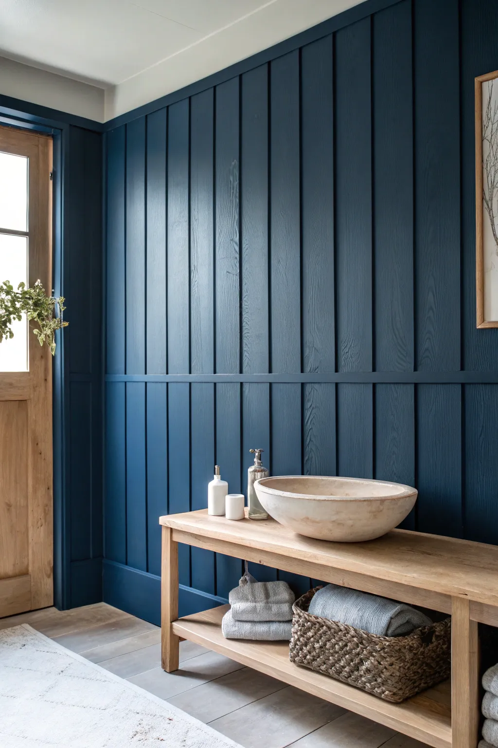 Elevate your bathroom's elegance with a moody blue board and batten wall, where luxury meets minimalist charm.