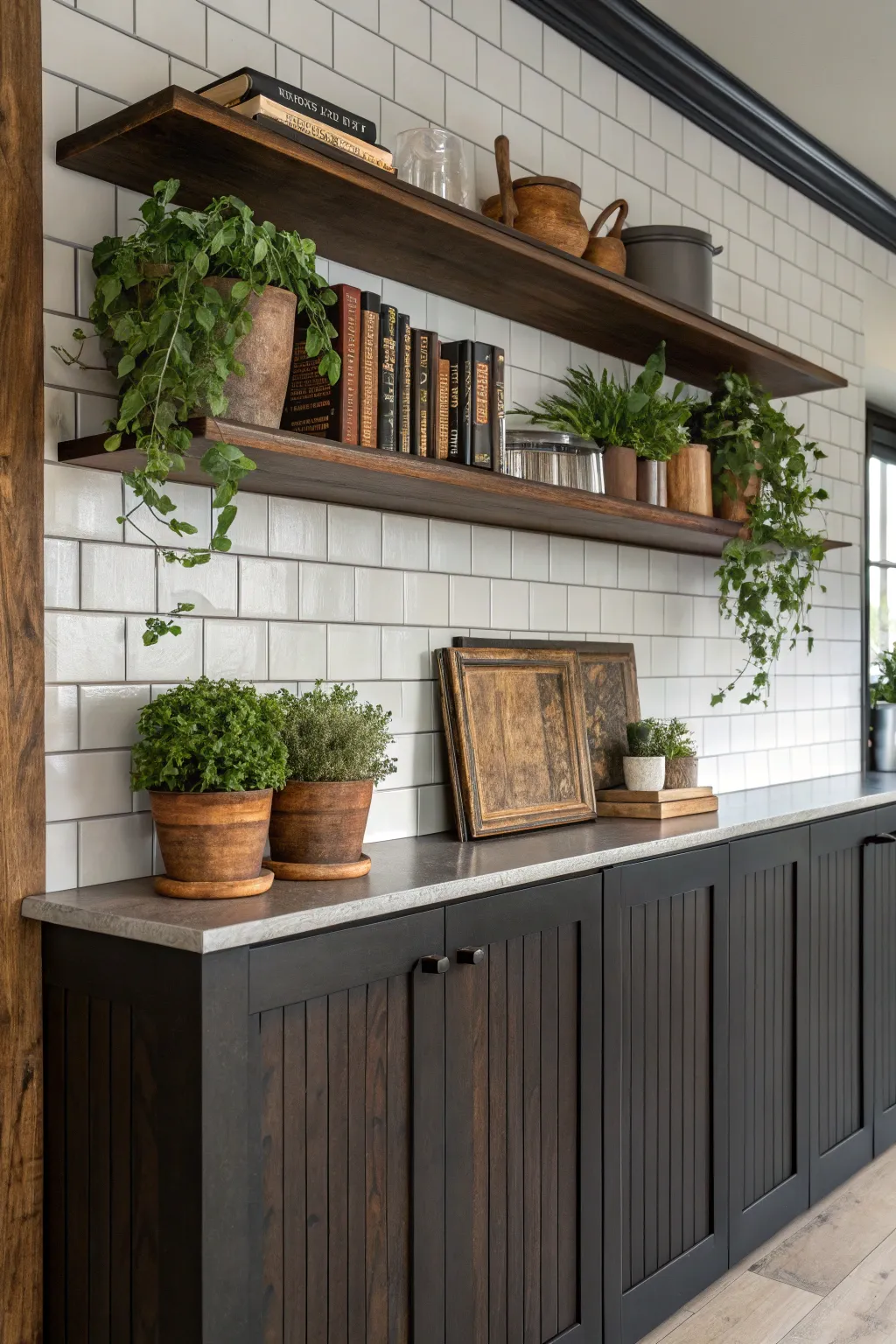 Elevate your space with a board-and-batten wall featuring a stylish shelf for plants and cookbooks. #Craftsmanship #InteriorDesign