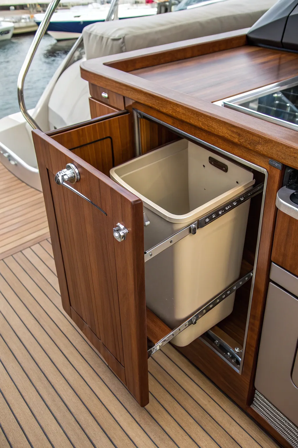 Elevate your boat's interior with this sleek, built-in pull-out trash unit—a testament to exceptional craftsmanship and design.