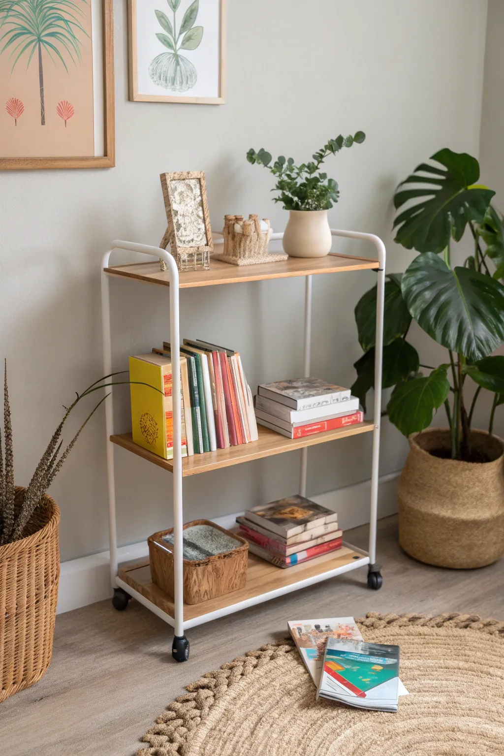 Bring the charm of a bookstore to your home with this elegant book cart setup.