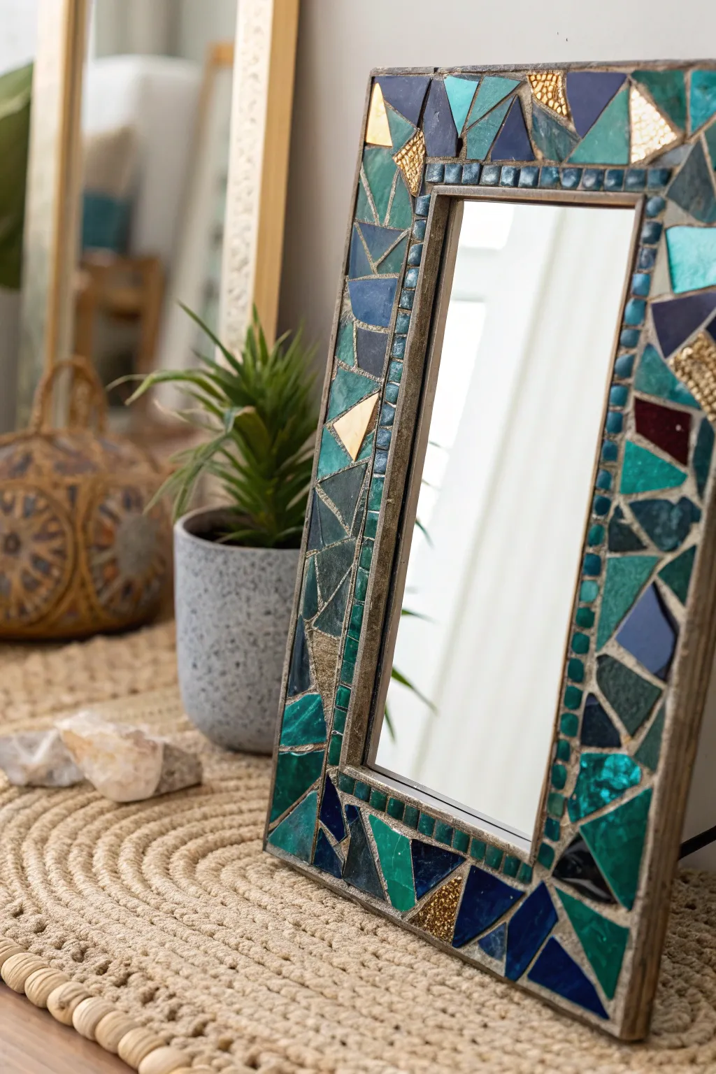 Transform broken glass into a stunning mosaic mirror border, where simplicity meets elegance in your reflection.
