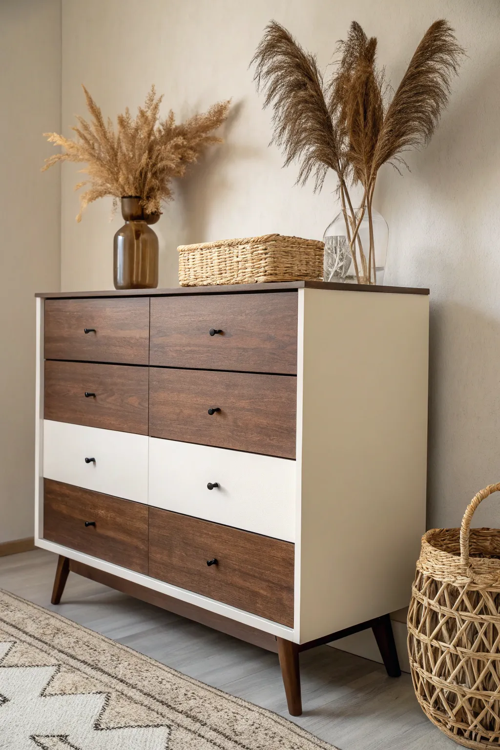 Elevate your space with a stunning two-tone dresser that blends Scandinavian simplicity with Boho charm.