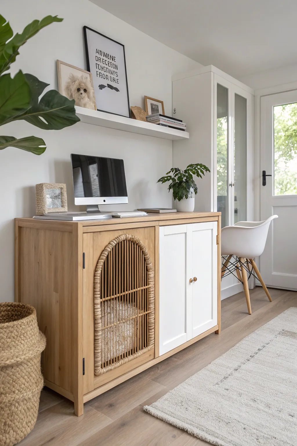 Transform your workspace into an Office Oasis with a chic built-in dog kennel, blending style and comfort for you and your furry friend.