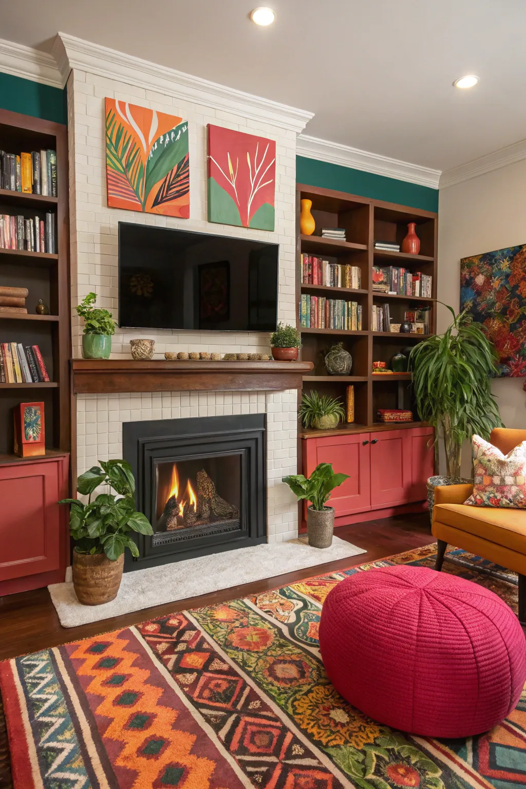 Bold color accents bring a lively personality to this entertainment center.