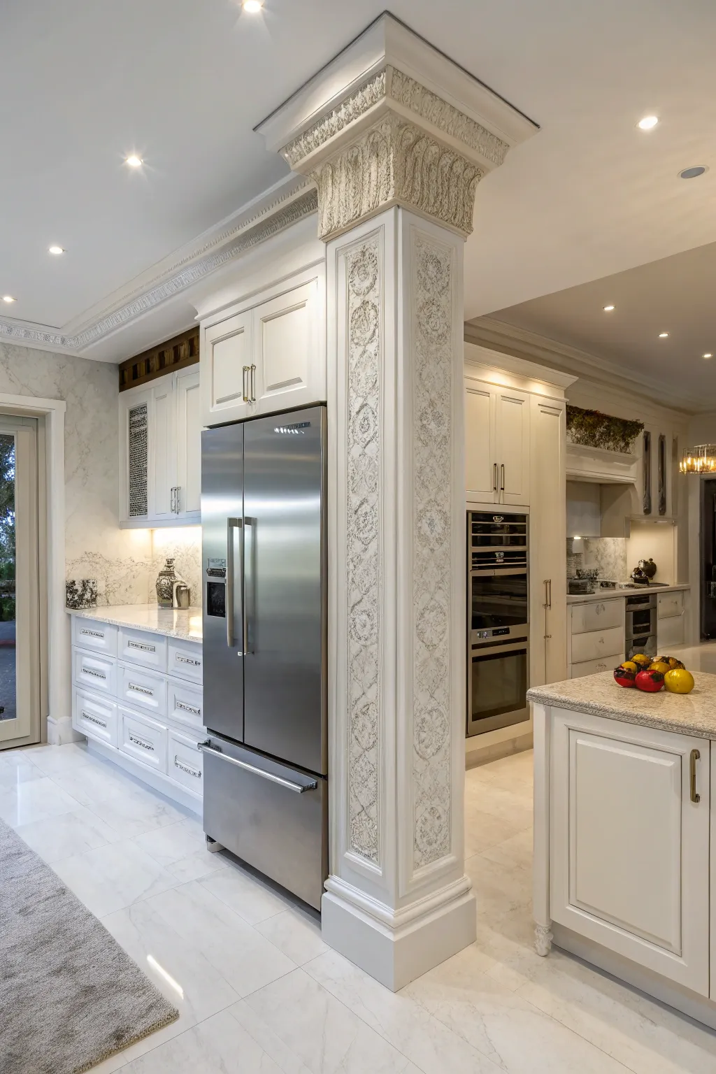 A built-in fridge cleverly hidden within a decorative column for a clean, modern look.