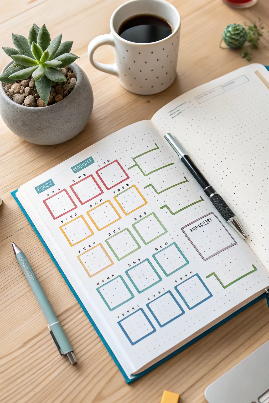 Embrace the beauty of organized chaos with staggered box layouts in your bullet journal. Perfect for adding a touch of dynamic creativity to your planning!