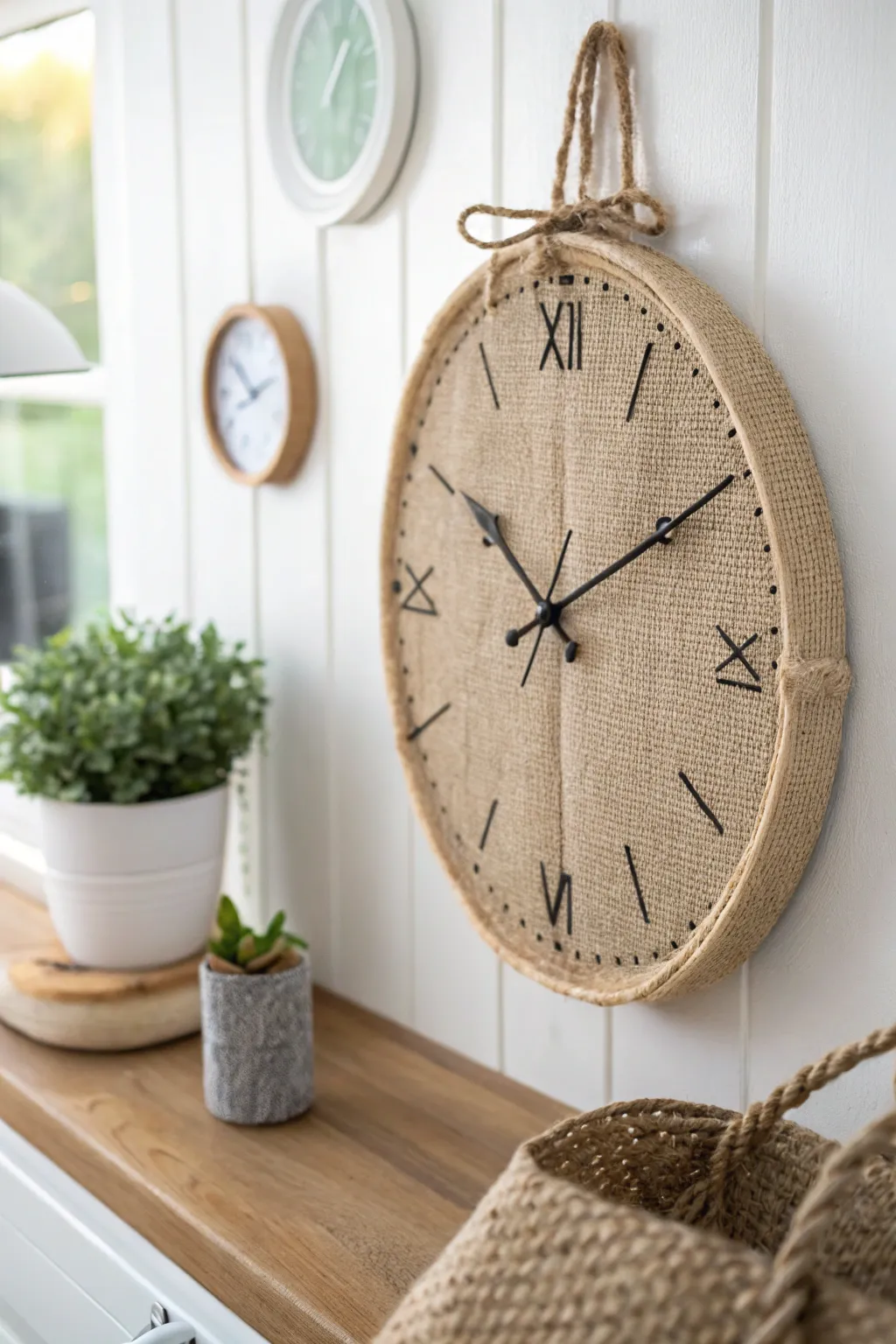 Embrace rustic elegance with this charming burlap canvas clock, perfect for adding a touch of minimalist beauty to your kitchen.